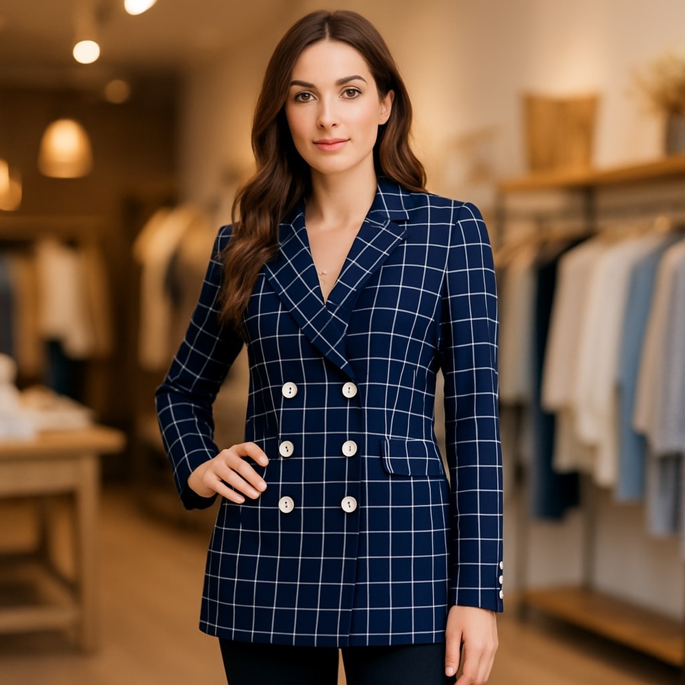 Halogen Double-Breasted Deep Navy Windowpane Blazer – Stretch Knit – Size M